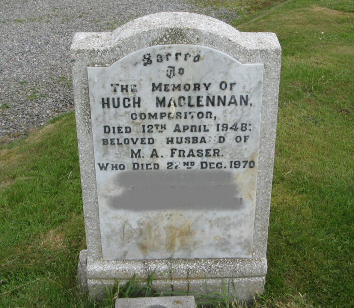 Photo of headstones/Hugh MacLennan died 1948 MI Dingwall Mitchell Hill